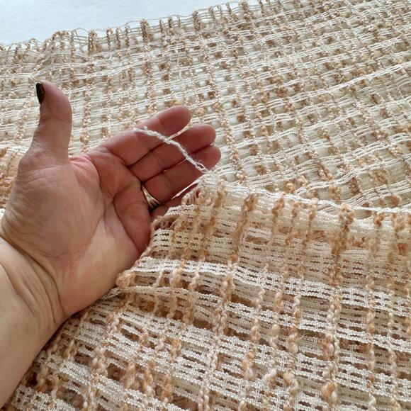 Vintage 70s curtain, long cream & tan, open weave mesh, boho single panel - Picture 6 of 7